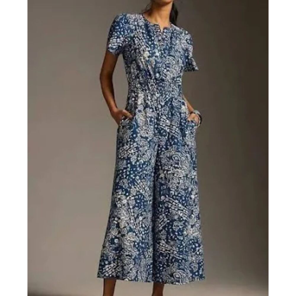 Anthropologie The Somerset Wide Leg Jumpsuit Sz Medium Boho Cottage Resort